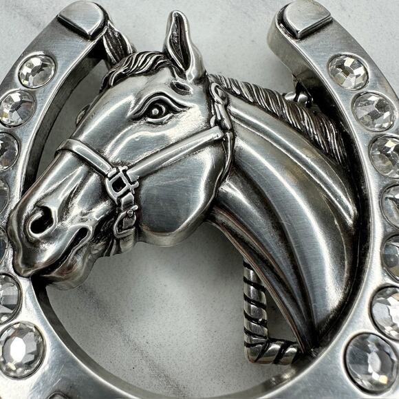 Nocona Rhinestone Horse Horseshoe Western Belt Buckle Silver Tone ✨ - Picture 6 of 16